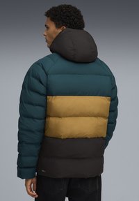 Homme portant une doudoune colorée avec des panneaux horizontaux teal, moutarde et noir, vu de dos avec la capuche abaissée.