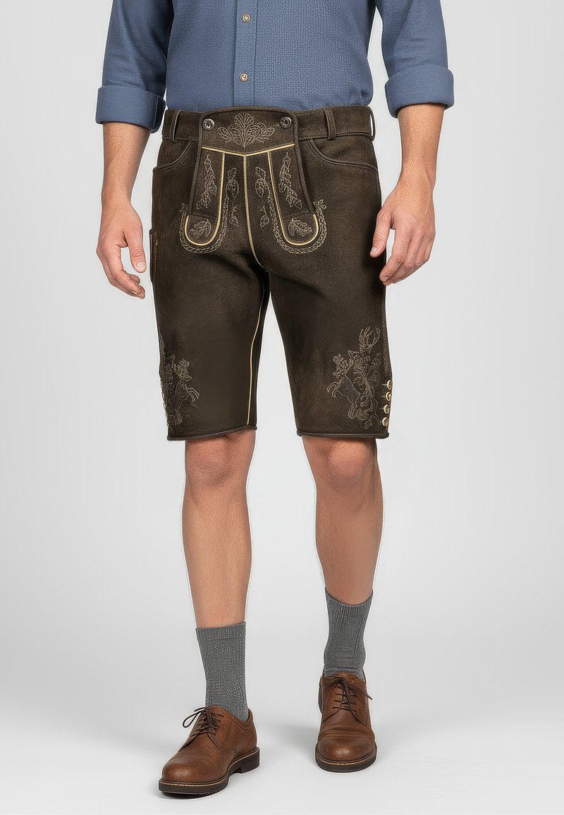 Brown leather shorts with embroidered floral designs, contrast stitching, and button side closures. Paired with a blue long-sleeve shirt.