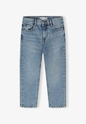 Jean en denim bleu clair avec une coupe droite, cinq poches et une fermeture à bouton. Présente des coutures décoratives et une texture légèrement décolorée.