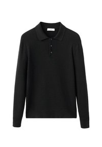 Suéter polo de manga larga negro, confeccionado en tejido de punto texturizado, con un cuello clásico y una tapeta de tres botones, con un corte relajado.
