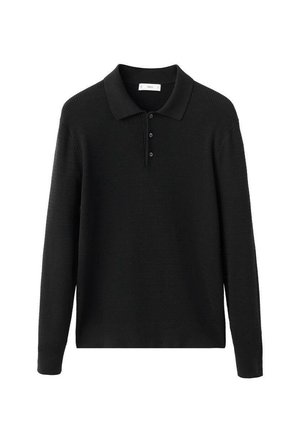 Čierny polo sveter s dlhým rukávom vyrobený z texturovanej pleteniny, s klasickým golierom a zapínaním na tri gombíky, s voľným strihom.