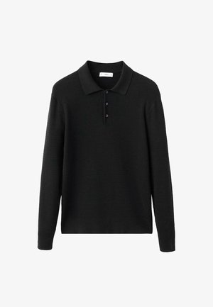 Črna dolgoslečna polo pulover iz teksturiranega pletenega materiala, z klasičnim ovratnikom in tri gumbi, v sproščenem kroju.