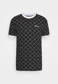 Black short-sleeve t-shirt with white trim, featuring a repeating geometric pattern of circles and diagonal lines. Includes a logo on the front.