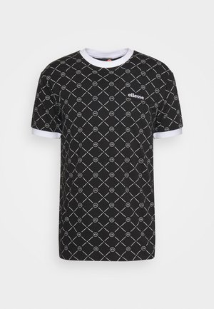 Camiseta negra de manga corta con ribete blanco, que presenta un patrón geométrico repetido de círculos y líneas diagonales. Incluye un logo en la parte frontal.