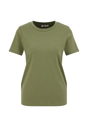 T-shirt à manches courtes vert olive uni avec col rond, coupe régulière, présenté sur un fond blanc.