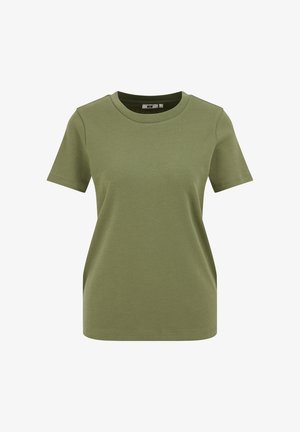 T-shirt à manches courtes vert olive uni avec col rond, coupe régulière, présenté sur un fond blanc.