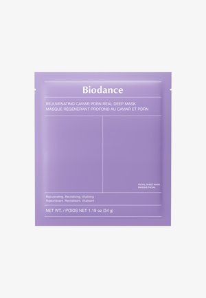 Biodance foryngende ansigtsmaske med kaviar PDRN i lavendelindpakning, nettovægt 34g, med tosproget tekst.