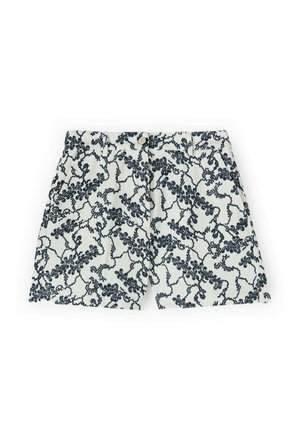 Hvide shorts med marineblåt blomsterblonde mønster, knaplukning og sidelommer.