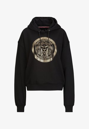Sweat à capuche noir avec un emblème de lion doré et le texte "Milano Italia 19V69" dans un design circulaire à l'avant.