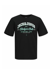 Sort bomulds t-shirt med et hvidt og teal grafisk tekstdesign med "JACK&JONES Surfer's Club" og bølgende accenter. Regular fit og rund hals.