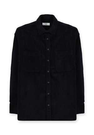 Donkerblauwe corduroy shirt met een knoopsluiting aan de voorkant, twee borstzakken en een kraag. Het heeft een gestructureerde stof en lange mouwen.