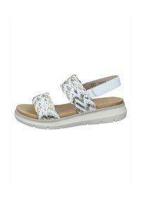 Woven white sandals with metallic accents; open design, two wide straps, cushioned footbed, and a textured rubber sole for grip.
