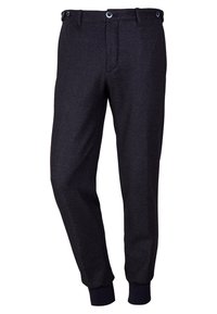 Zúžené tepláky v tmavě šedé pletenině, s tkaničkovým pasem, dvěma předními kapsami a žebrovanými manžetami pro slim fit vzhled.