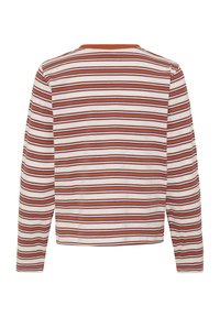 Hosszú ujjú póló pamut keverékből, téglavörös, fehér és kék vízszintes csíkokkal. Puha tapintású, kerek nyakkivágással.