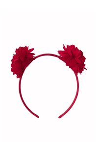 Czerwona opaska na głowę z dwiema dużymi czerwonymi dekoracjami w kształcie kwiatów umieszczonymi na górze, po jednej z każdej strony.