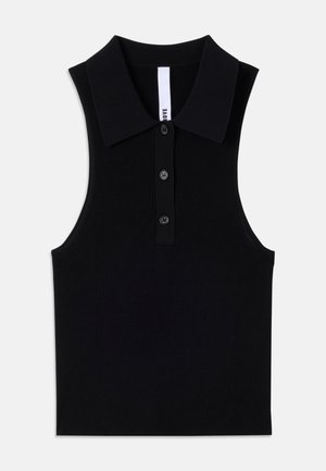Melns bezroku tops ar ribotu tekstūru, platām apkakli un trim priekšējām pogām, radīts piegulošam siluetam.