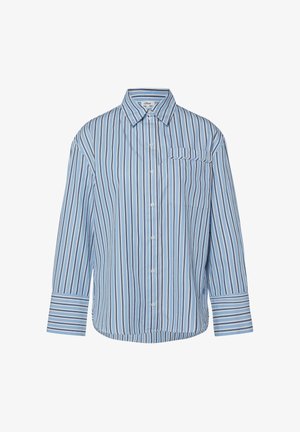 Chemise à rayures verticales bleu et blanc, boutonnée, avec col, manches longues et une poche poitrine à motif sur fond blanc.