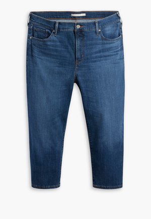 Dark blue denim jeans with a straight cut, five pockets, and contrasting orange stitching. Mid-rise waistband, ankle-length hem.