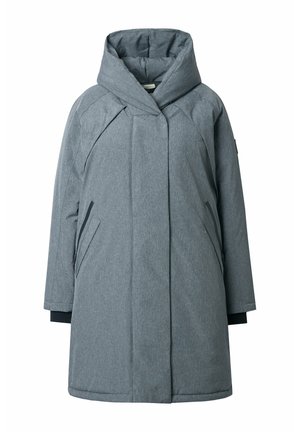 Grijze gewatteerde jas met een grote capuchon, voorzien van een sluiting aan de voorkant, zijzakken en contrasterende marineblauwe manchetten. Textiel met een subtiel patroon.