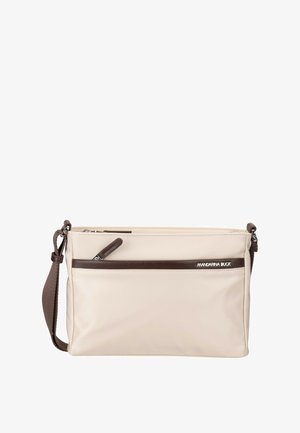 Borsa a tracolla rettangolare beige con tracolla regolabile marrone scuro, tasca frontale con zip e logo "MANDARINA DUCK" sul davanti.