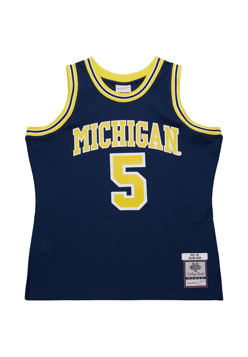 Navy basketball jersey with yellow accents. Features "MICHIGAN" and number "5" in bold font. Made of mesh fabric, with tag detailing at the bottom.