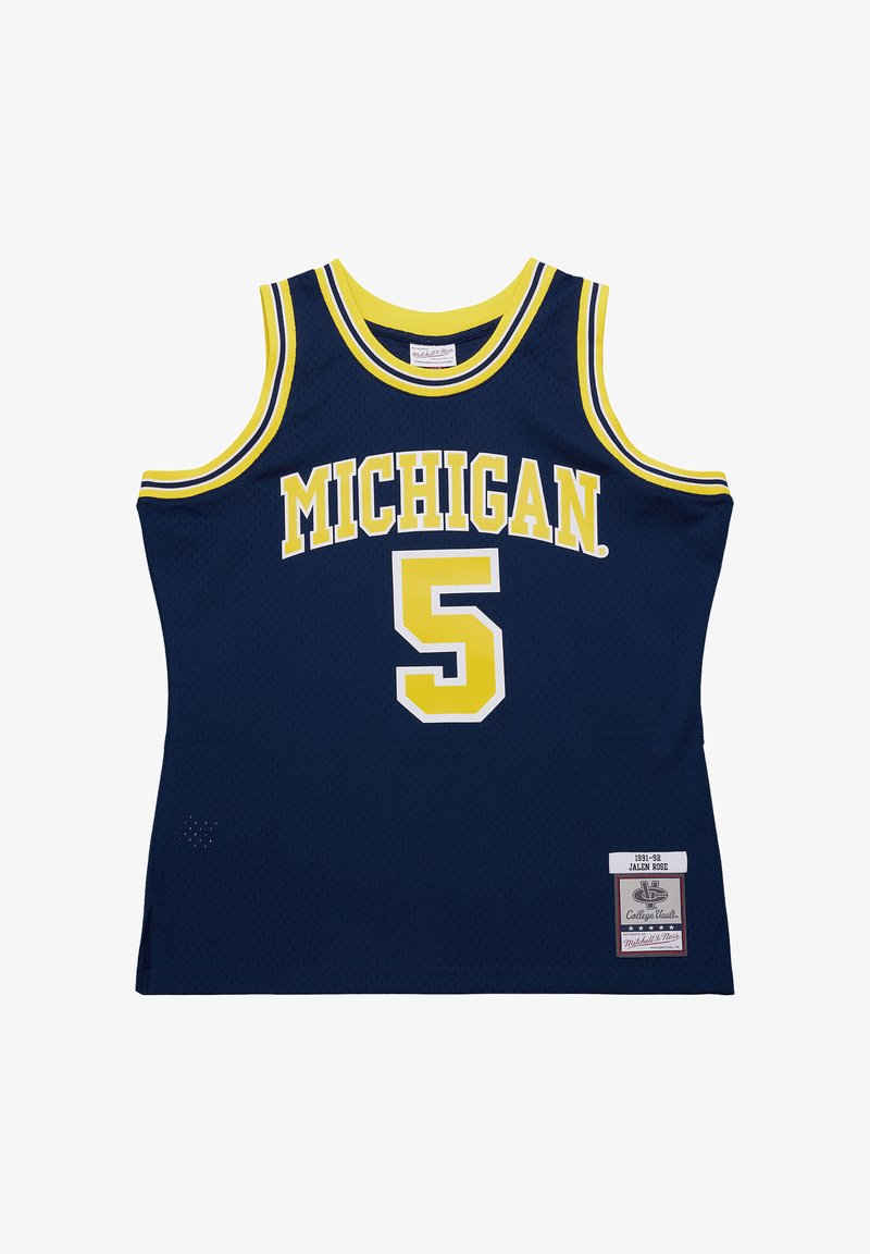 Navy basketball jersey with yellow accents. Features "MICHIGAN" and number "5" in bold font. Made of mesh fabric, with tag detailing at the bottom.