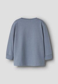 Lichtblauwe, langmouwpullover met ronde hals, geribde manchetten en een gladde textuur. Achteraanzicht alleen, geen zichtbare merken of patronen.