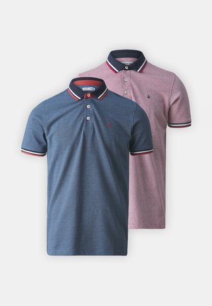 Two polo shirts displayed together. One is dark blue with a striped collar and buttons; the other is light pink with a similar collar design.