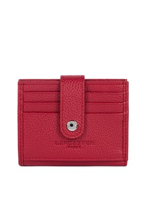 Red textured leather cardholder with six card slots, a snap-button strap, and embossed "Lancaster Paris" logo centered on front.