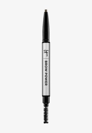 Crayon à sourcils double embout avec pointe biseautée et brosse goupillon, étiqueté "Brow Power" en noir sur un boîtier argenté.