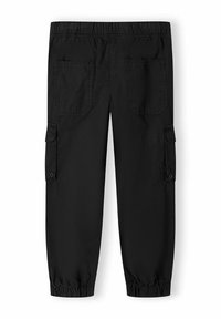 Pantalons cargo noirs en tissu léger, dotés d'une taille élastique, de deux poches cargo sur les côtés et de poignets élastiques aux chevilles.