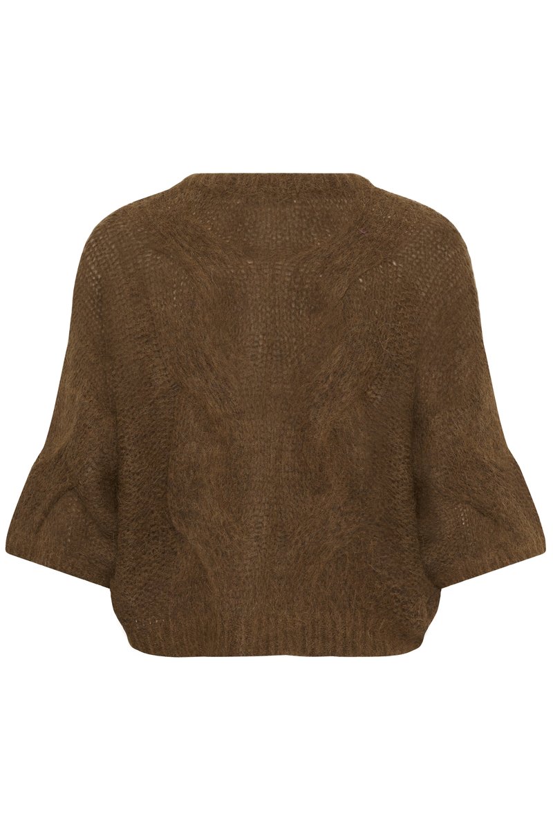 Pull en maille brune duveteuse à manches larges et taille cintrée, avec un motif en torsades sur le devant.