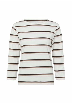 Langärmliges T-Shirt mit Boots-Ausschnitt in hellem Creme, mit horizontalen Streifen in Dunkelbraun und zartem Rosa, aus weichem Baumwollmaterial gefertigt.