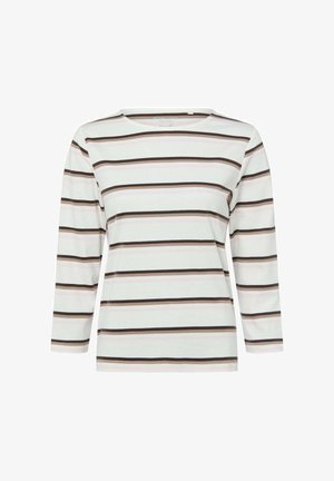 T-shirt à manches longues et encolure bateau en crème clair avec des rayures horizontales en brun foncé et rose doux, fabriqué en coton doux.