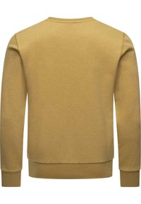Žuti dukserica dugih rukava s rebrastim okruglim ovratnikom i manžetama. Glatka tekstura s jednostavnom, uniformnom bojom. Jednostavan, ležeran dizajn.