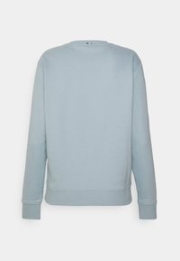 Sweat-shirt bleu clair à manches longues vu de dos avec poignets et ourlet côtelés sur fond blanc uni.