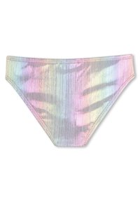 Bas de bikini aux couleurs arc-en-ciel, en tissu côtelé, présentant un motif irisé et scintillant avec des dégradés pastel subtils et une coupe standard.