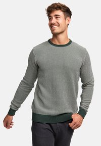 Grøn- og hvidstribet sweater med ribbede manchetter og kant, med en rund halsudskæring og tekstureret finish, båret af en smilende model.