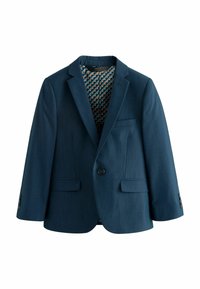 Donkerblauwe blazer voor kinderen, gemaakt van gestructureerde stof, met twee voorzakken, een enkele knoopsluiting en een gewatteerde voering.