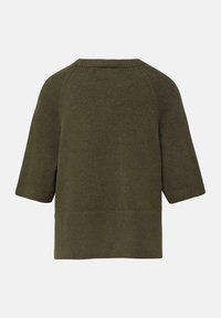 Maglione a maniche corte color verde oliva, con scollo rotondo e orlo e polsini a costine, visto da dietro.