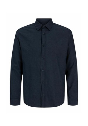 Chemise bleu marine foncé à manches longues, boutonnée, avec col pointu et poignets boutonnés, présentée sur fond blanc.