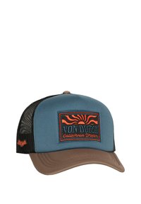 Gorra trucker azul y marrón con malla en la parte posterior, que presenta un sol naranja bordado y el logo "VON DUTCH California Dream" en la parte delantera.