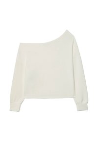 Haut blanc asymétrique à épaules dénudées avec manches longues, fabriqué dans un tissu doux, présentant une coupe décontractée et des poignets côtelés.