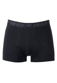 Mustat puuvillabokserit, joissa on yksinkertainen muotoilu. Varustettu ribatulla vyötäröllä, jossa on tummansinisellä kontrastilla "TOP GUN" -brändäys.