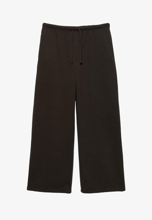 Črne široke trenirke z elastnim pasom in sprednjim vezalnim trakom, izdelane iz mehke tkanine za vsakdanjo uporabo.