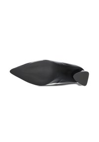 Black patent leather high heel shoe with a pointed toe and triangular heel. The sole features horizontal ribbing for traction.