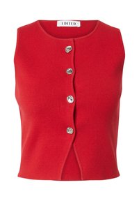 Rotes ärmelloses Stricktop mit rundem Ausschnitt und vier unregelmäßigen silbernen Knöpfen entlang der mittleren Vorderseite.