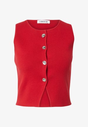 Red sleeveless knit top with round neckline and four irregular silver buttons down the front center.