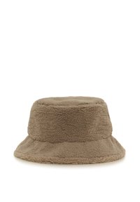 Rjava flis kapica z mehkimi vlakni, širokim robom in zaobljenim vrhom. Enostavna zasnova brez dodatnih vzorcev ali okrasnih elementov.