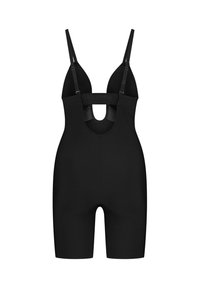 Body moldeador negro con tirantes ajustables, diseño de escote abierto y pantalones cortos hasta medio muslo. Fabricado con una tela suave y elástica con una construcción sin costuras.